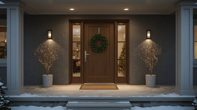Modern dark front door with minimalist Christmas decor.