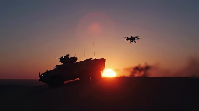 Silhouette of a military armored vehicle and drone patrolling a desert ridge at sunset. Tactical reconnaissance operation with a UAV and tank in the dunes. Modern warfare surveillance concept