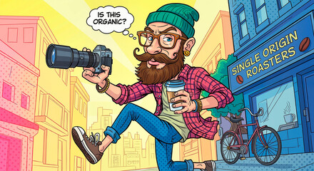 Hipster man holding camera and coffee while walking in urban setting, comic-like caricature  