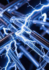 Electric blue arcs connecting clear glass tubes, depicting energy flow.