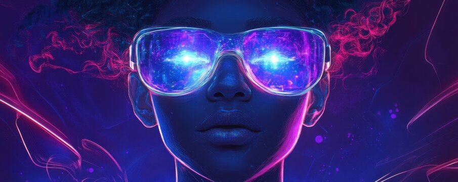 Futuristic digital illustration of a glowing AI avatar with neon glasses