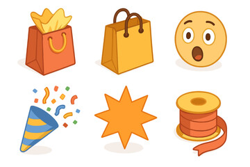 Fototapeta premium Colorful party icons: shopping bags, surprised emoji, confetti, star, ribbon