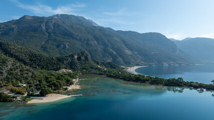 Aerial view of &Ouml;l&uuml;deniz Blue Lagoon showing its iconic turquoise waters and summer coastline