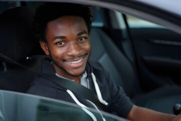 Young african american man smiling in car wearing seatbelt driving safe
