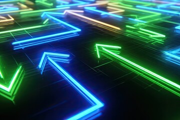 Vibrant neon arrows, blue, green, orange, pointing diverse ways on a dark digital grid
