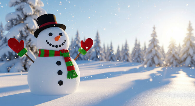 Smiling snowman in bright snowy winter landscape with trees, cheerful holiday scene for Christmas cards