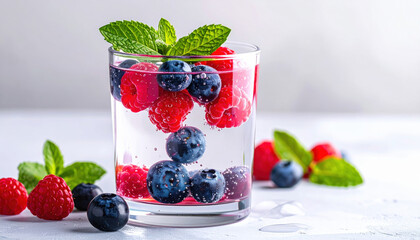 Refreshing glass filled with blueberries, raspberries, and mint leaves on white background