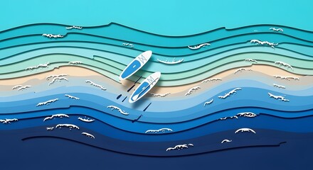 Top view paper cut illustration of two paddleboards on layered blue ocean waves with a sandy beach shore, summer recreation concept.