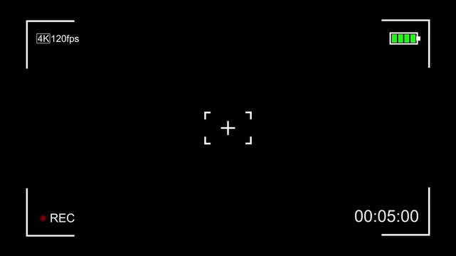 Screen recording animation with 4k 120 fps text and full charged battery isolated on black background.