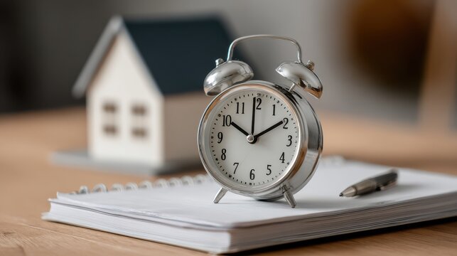 Vintage alarm clock on notebook with pen and model house in cozy interior setting, representing time management, planning, and home organization