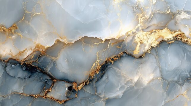 Luxury Abstract Onyx Marble Background: Blue Gray Cream Translucent Stone, Shimmering Gold Veins 8K Render
