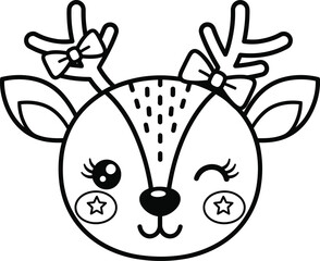 Cute deer head with bow isolated on white background