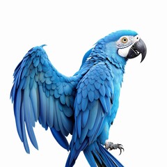 Fototapeta premium Striking blue macaw with outstretched wings displaying vibrant plumage against a clean in a studio setting on white background