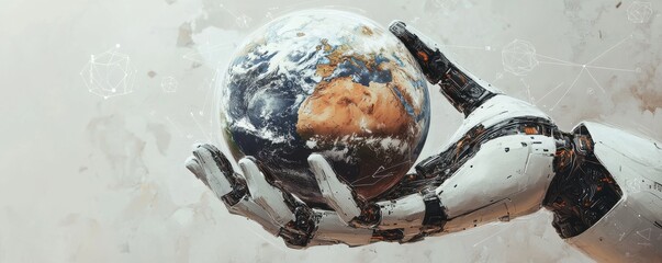 Futuristic AI robot hand nurturing planet Earth gently