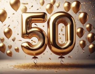 Celebrating a Golden Milestone: Sparkling "" Balloons Amidst a Shower of Confetti and Balloons