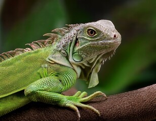 Obraz premium Green Iguana Portrait on Branch: A Close-Up View of the Reptile's Detailed Scales and Sharp Claws