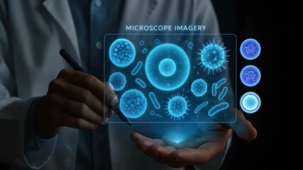 Microscope digital technology reveals glowing blue bacteria and virus cells floating above hand with stylus pen, highlighting advanced microbiology science research in futuristic holographic display - Powered by Adobe