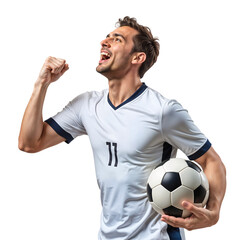 Expressive victory pose of a soccer player after scoring a goal on isolated background