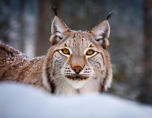 Obraz premium Winter Lynx Portrait: Intense gaze of a Eurasian lynx covered in snow, against a blurred forest backdrop.