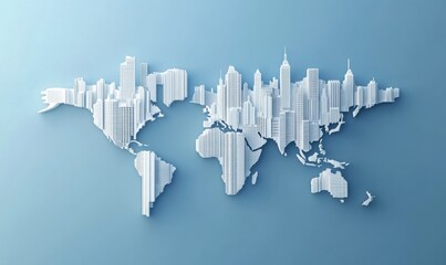 Creative world map design with cityscape silhouettes on blue background