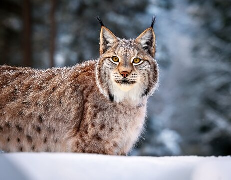 Snow-Dusted Lynx Portrait: A Majestic Wildcat in a Winter Wonderland, Its Golden Eyes Stare Intently