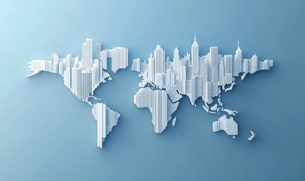 Creative world map design with cityscape silhouettes on blue background - Powered by Adobe