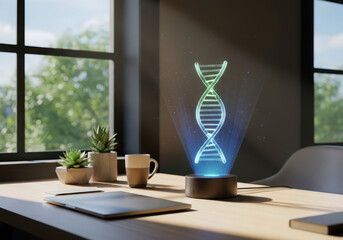 Holographic dna model displayed on a desk with plants and a tablet