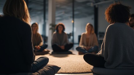 Group meditation session sitting on cushions — mindfulness class, yoga and wellness program in modern space
