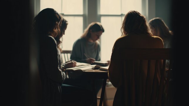 Women sitting around table reading and writing — cozy study group, book club and small community gathering