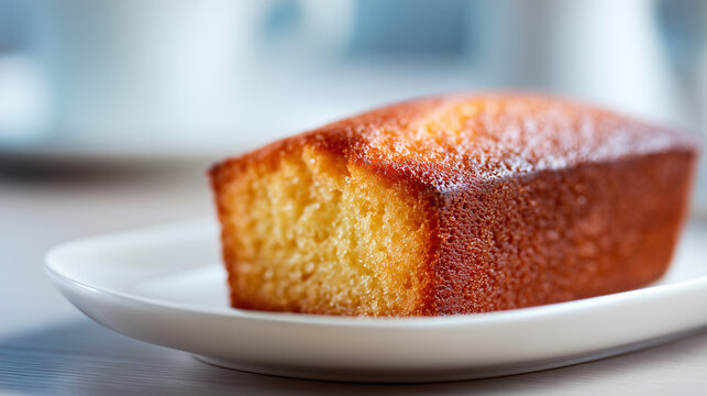 こんがりとした黄金色の焼き色が美しい長方形のフィナンシェケーキを白い皿に盛り付けたクローズアップ