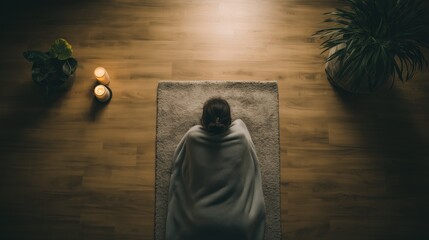 Cozy nighttime meditation with blanket and candles — mindfulness, calmness and inner peace practice