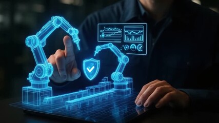 Industrial robotic arm automation technology digital manufacturing futuristic interface quality control hologram production innovation smart factory system data analysis process - Powered by Adobe