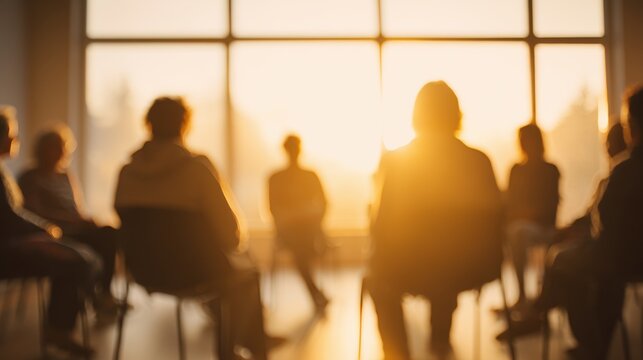 Support group sitting in circle at sunset window light — mental health, recovery and emotional sharing meeting