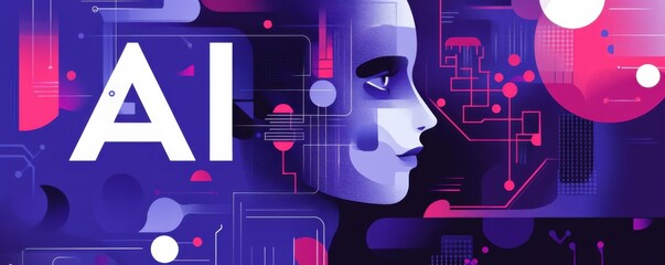 Modern digital concept illustration featuring AI technology in purple hues