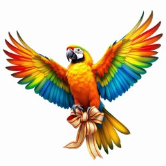 Fototapeta premium Vibrant macaw parrot with outstretched wings holding a golden ribbon bow against a clean for festive celebrations on white background