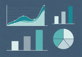Collection of various business charts and graphs on a dark blue background
