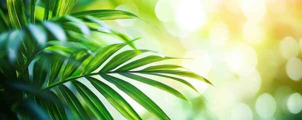 Obraz premium Lush green palm leaves against a bright blurred nature background