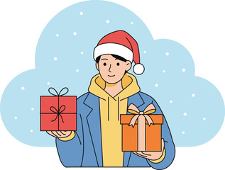 Young man in santa hat holding christmas gifts isolated on white background