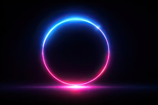 Vibrant neon ring of light, glowing blue to pink, with reflection on dark surface