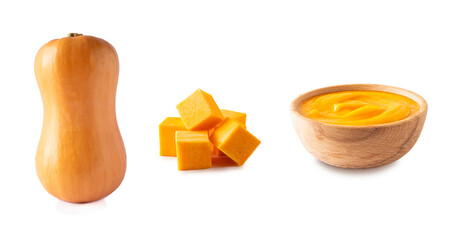 Bottle shaped butternut pumpkin and pieces and soup isolated on a white background. Set of ripe butternut squash.