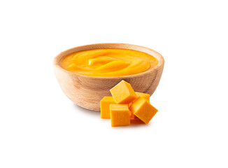 Butternut pumpkin soup and cubed pumpkin isolated on a white background. Blended butternut squash.