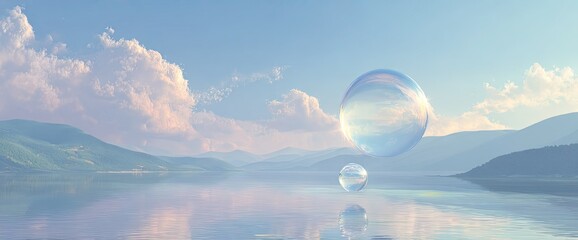 Two transparent bubbles float over a serene lake with mountains and clouds