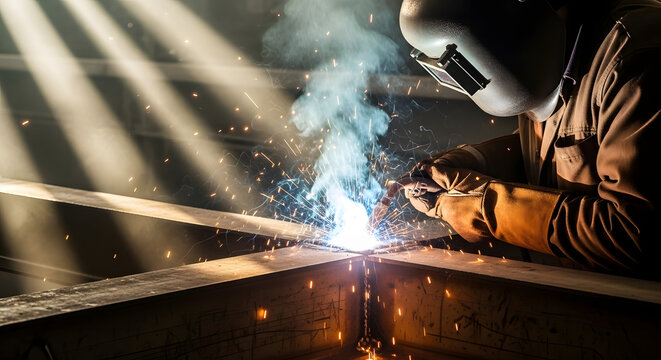 A skilled welder diligently working on a metal structure, creating a shower of sparks and intense light in the process