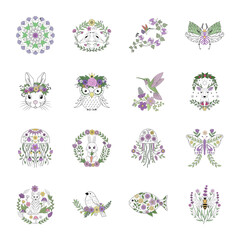 Set of Animal and Nature Vintage Style Illustrations  

