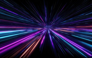 Vibrant neon light trails converging to a point, depicting rapid motion or hyperspace