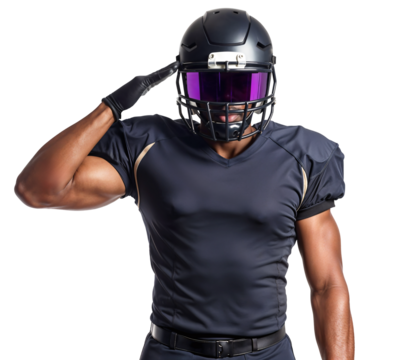 American football player saluting in black gear with tinted visor, isolated