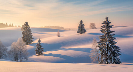 Snowy winter hills landscape at sunrise with soft pastel light and frosted trees