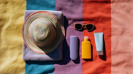 Sunbathing essentials laid out on a colorful beach towel for a fun day at the shore