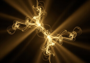 Golden energy waves and light rays forming a dynamic abstract pattern