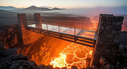 Modern glass bridge over flowing lava river in volcanic landscape at dusk